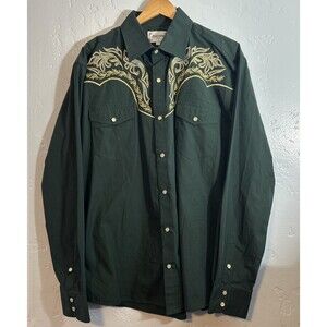 Ace Of Diamond Shirt Men Large Green Gold Pearl Snap Western Cowboy Embroidered